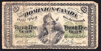 Dominion of Canada 1870 25 Cent Shinplaster Plain Dickinson-Harington Nice Note - Image 1 of 2