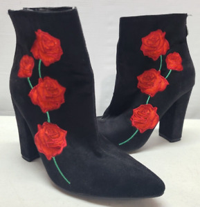 Cape Robbin Black w Red Rose Embroidered Ankle Boots Womens Size 8.5 Suede