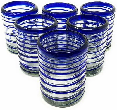 Vasos Mexicanos Soplados a Mano - Juego de 6 Vasos con Azul... Foto 1 de 4
