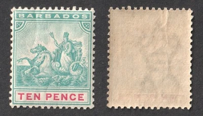 Marca de agua Barbados 10d Crown CA azul opaco verde y carmín P14 SG113. 1892 Foto 1 de 3