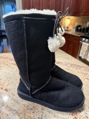 UGG Classic Tall Wool Knit 5824 Sheepskin Lined Black Boots Women's Size 9 Pom - Image 1 of 4