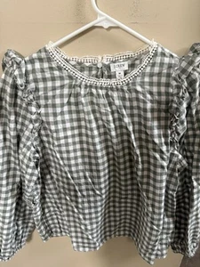 J Crew Women’s green gingham High Neck blouse Cottagecore Ruffle sleeve Medium - Picture 1 of 4