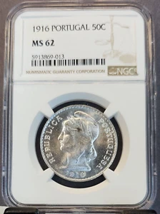 1916 PORTUGAL SILVER 50 CENTAVOS LIBERTY HEAD NGC MS 62 BEAUTIFUL LUSTER - Picture 1 of 3