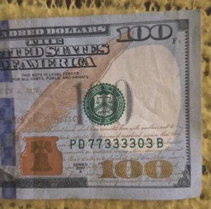 $100 Bill 2017A Series Trinary Fancy Serial Number (PD 77 3333 03 B) - Picture 1 of 3