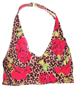 Tawny Leopard Roses Halter Bikini Top Animal Print Top by Sun Streak Sz 10 - Picture 1 of 3