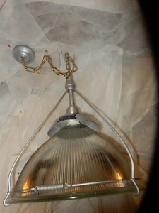 Ca. 1920 LARGE Industrial Holophane Shade on a Silver Pendant fixture - Picture 1 of 10