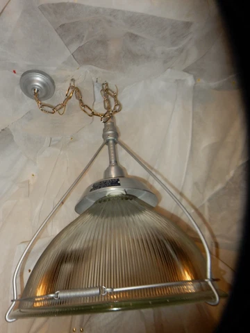 Ca. 1920 LARGE Industrial Holophane Shade on a Silver Pendant fixture Cover
