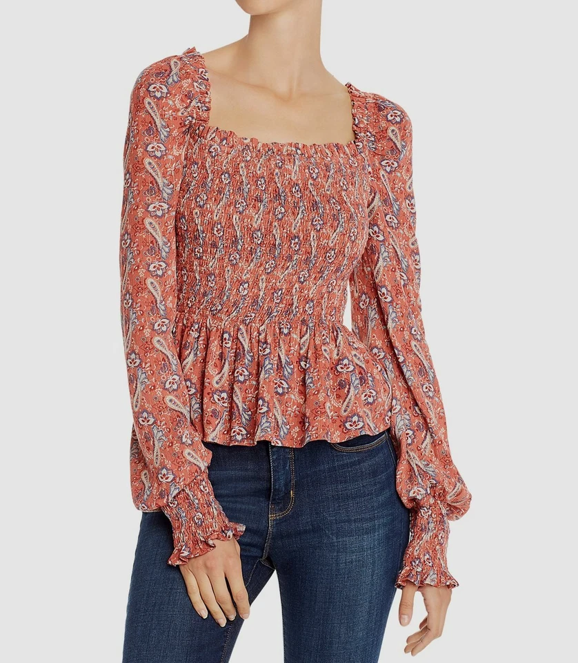 Aqua Womens Red Paisley Print Smocked Crop Blouse Top M BHFO 4727
