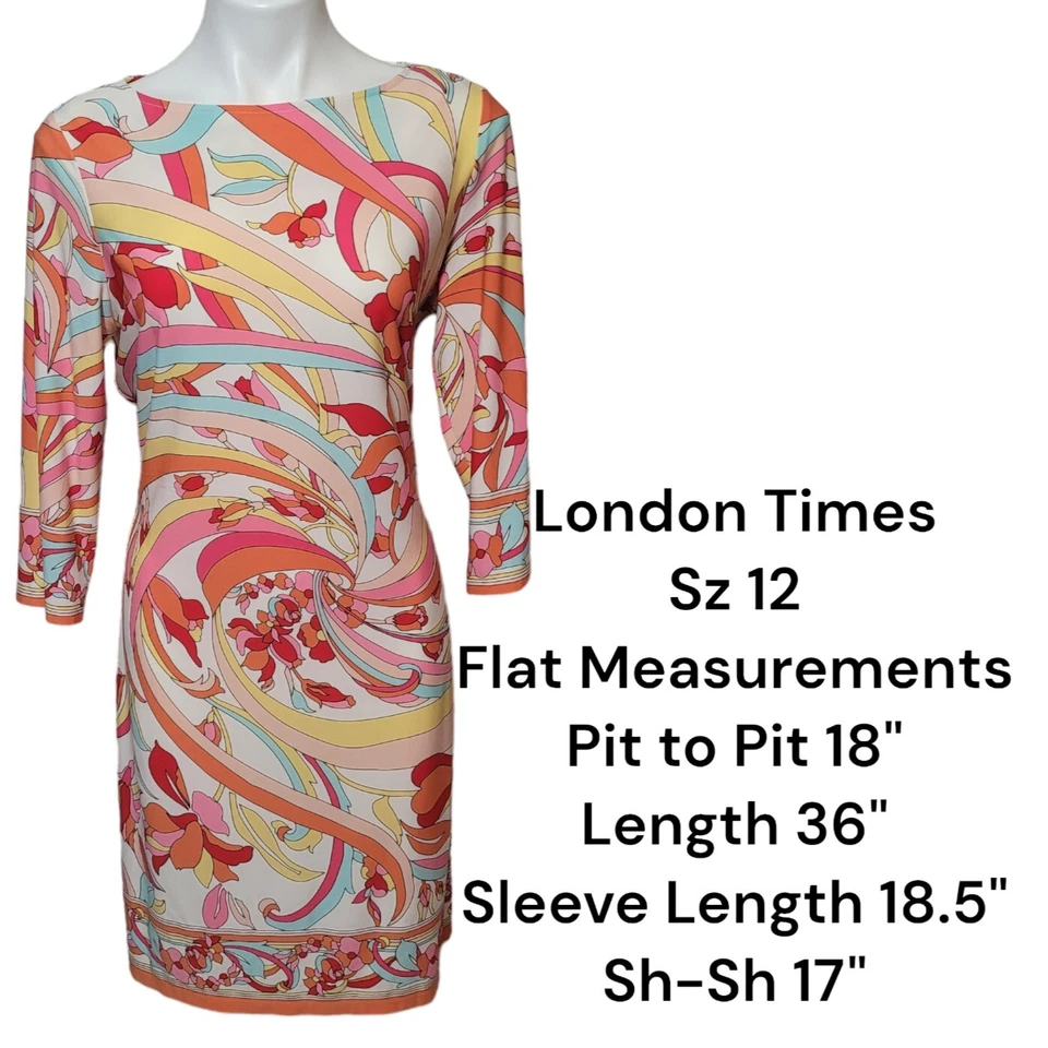 London Times Floral Colorful Shift Dress Sz 12 Groovy Hippie Print 70s Style - Image 1 of 3
