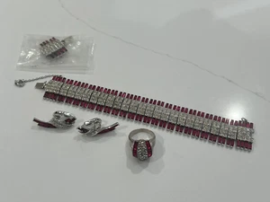 STUNNING VINTAGE ART DECO SUITE OF FAUX RUBY & DIAMOND JEWELLERY 800 SILVER RING - Picture 1 of 17