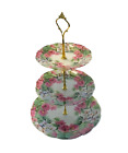 Vintage Floral Display Cake Stand 3 Tier Cupcake Wedding Plate Tea Pink & Green 
