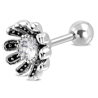 Piercing Tragus Helix Orecchini Fiore Acciaio Inox Cz Zirconi Argento Nero - Immagine 1 di 2