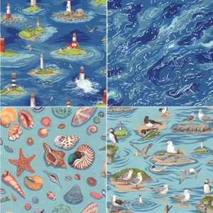 100% Cotton Fabric Nutex By The Sea Lighthouse Waves Seagull Seashells Ocean - Picture 1 of 5