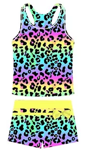 Toddler Girls Two Piece Tankini Swimsuit Colorful Leopard Print Rash Guard Ba... - Picture 1 of 4