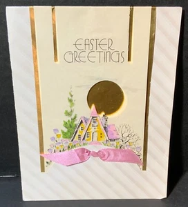 VTG Art Deco Easter Card Pink & Yellow Cottage Gold Foil Stripes Real Ribbon - Picture 1 of 3