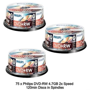 75 x Philips DVD+RW 4.7GB 120Min Rewritable 4x Speed 25s Blank Discs Spindle Tub - Picture 1 of 13