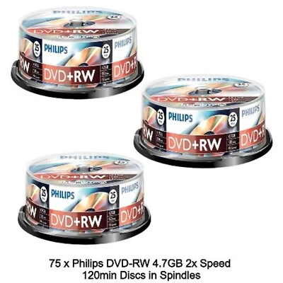 75 x Philips DVD+RW 4.7GB 120Min Rewritable 4x Speed 25s Blank Discs Spindle Tub - Image 1 of 4