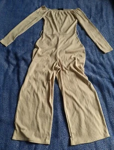 ❤MissGuided Size 8 Beige Ribbed Long-Sleeved Bardot Jumpsuit~ Immaculate!❤ - Picture 1 of 10
