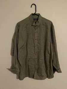 Proper Cloth Linen Blend Olive Green Wing Tip Tuxedo Dress Shirt - Men's 17.5 34 - Picture 1 of 6