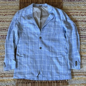 Peter Millar Linen Blue Windowpane Blazer Jacket Men's Size Large L - Picture 1 of 3