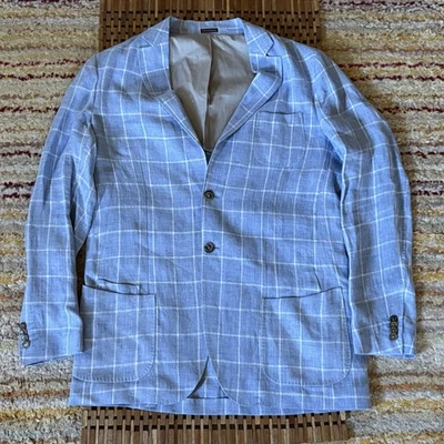 Peter Millar Linen Blue Windowpane Blazer Jacket Men's Size Large L - Image 1 of 3