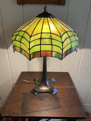 Antique 1910 Leaded Glass Lamp w/ Solid Bronze Base 3 Socket Tiffany Duffner Era - Image 1 of 4