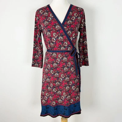 Max Studio Deep Red & Navy Floral Wrap Dress Fall Classic Size Medium Women's - Image 1 of 4