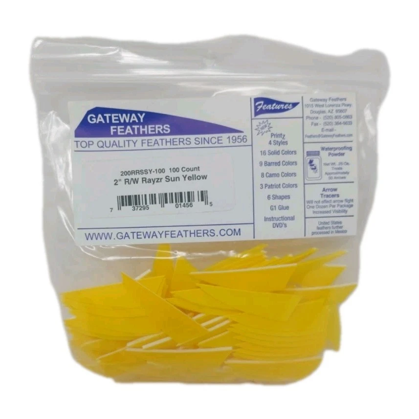 100 Pack Gateway Feathers 2" Right Wing: Rayzr Sun Yellow 200RRSSY-100 - Image 1 of 4