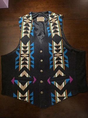 Vtg Pendleton High Grade Western Wear Navajo Aztec Wool Vest 40 Black/Blue USA  - Image 1 of 4