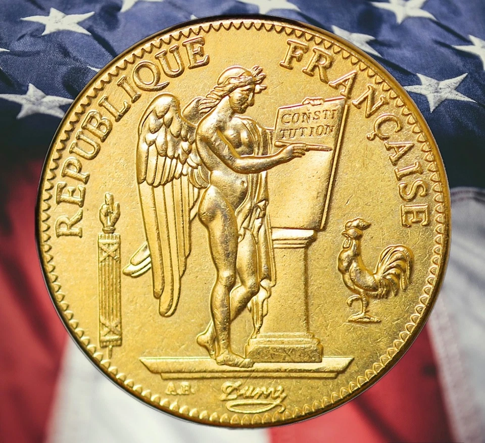 Moneda de 100 francos ángel de la suerte chapada en oro Francia 1909 Foto 1 de 2