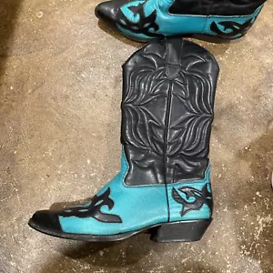 VTG Sundance Womens Western Cowboy Boots 8.5 Blue Black Leather Fling Embossed - Picture 1 of 12