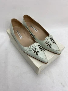 MANOLO BLAHNIK Napa Pale Mint Soft Leather Pointed Toe Flats Pumps EU 38 UK 5 - Picture 1 of 14