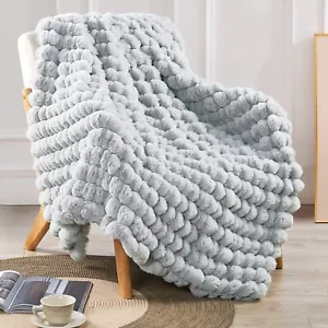 Spandex Striped Rabbit Faux Fur Throw Micromink Warm Plush Decorative Blanket - Picture 1 of 8