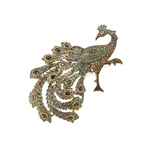 Peacock Sapphire Gemstone Diamond Pave 14K Gold 925 Silver Brooch Cum Pendant - Picture 1 of 8