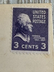 Rare Thomas Jefferson 3 Cent Violet Stamp Unprocessed on Envelope - Picture 1 of 7