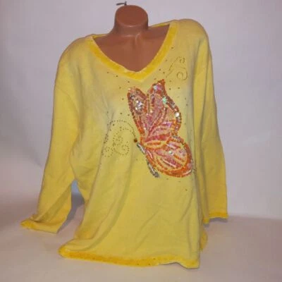 Quacker Factory Sweater Womens Plus Size 3X Yellow Butterfly Sequined Bling - Image 1 of 4