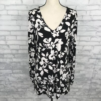 White House Black Market Size L Tunic Top Shirt Stretch Black White Floral WHBM - Image 1 of 4