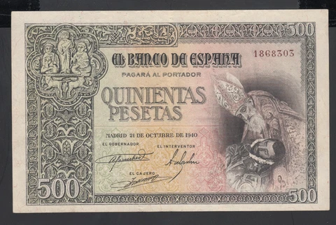 Spain 500 Pesetas 21-10-1940  VF  P. 124,    Banknote, Circulated Cover