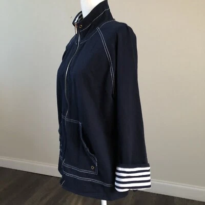 AK Anne Klein Moletom Esportivo LS Jaqueta Zíper Frontal Pontos Azul Marinho Tamanho XL - Imagem 1 de 4