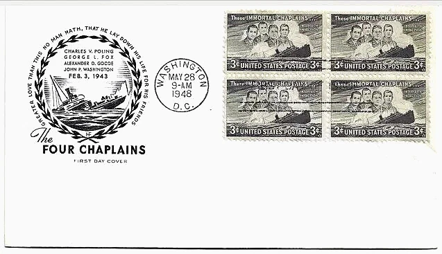 956 3c Stamps (BLOCK) (1948) HEROIC WWII FOUR CHAPLAINS FDC - HOUSE OF FARNAM - Image 1 of 1