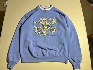 Vintage Grannycore Pullover Sweatshirt Birds Birdhouse Womens MEDIUM M Baby Blue - Picture 1 of 23