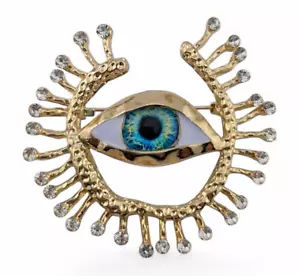 MODERNIST MYSTIC EYE BROOCH goldtone brutalist crystal rhinestone pin evil 2A - Picture 1 of 5