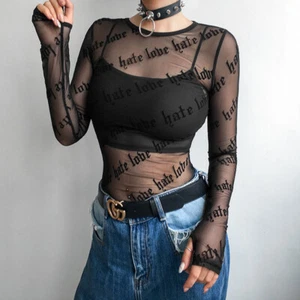Mujer Ver a Través Transparente Manga Larga Camiseta Blusa Prendas para el torso Calce Ajustado Camisa Prendas para club nocturno - Imagen 1 de 14