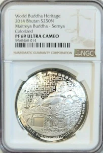 2014 BHUTAN SILVER 250 NGULTRUM MAITREYA BUDDHA SERNYA NGC PF 69 ULTRA CAMEO - Picture 1 of 4