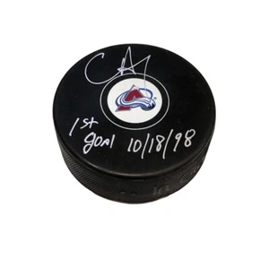 CHRIS DRURY Signed & Inscribed Colorado Avalanche Puck - 1st Goal 10/18/98 - Picture 1 of 2