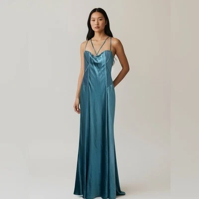 The Danes New York Mermaid Corset Gown Women 8 Blue 100% Silk Evening Prom Party - Image 1 of 4