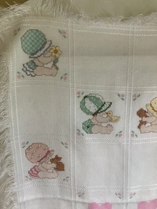 Adorable Handmade 42”x 28” Handmade Cross stitch Baby Blanket Pastels - Picture 1 of 17