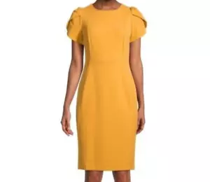 New! Calvin Klein NWT OCHRE Color Tulip Sleeve Sheath Dress Women's Size 4 - Picture 1 of 4