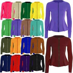 New Womens Plus Size Zip Peplum Frill Blazer Work Office Jacket Coat Tops - Picture 1 of 12