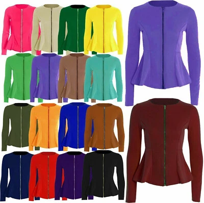 New Womens Plus Size Zip Peplum Frill Blazer Work Office Jacket Coat Tops - Image 1 of 2